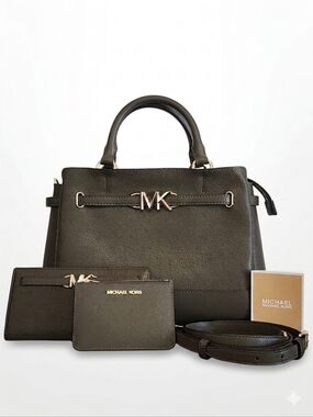 Michael Kors Reed Large Belted Satchel 3pc Set Olive Green Leather Bag Wallet